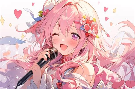 Premium Photo | Cute happy anime young woman with long pink hair singing into microphone