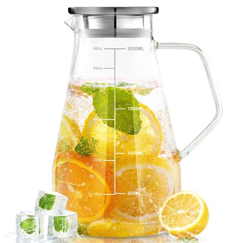 Glass Pitcher with Lid - HIHUOS 68oz Water Pitcher with Precise Scale Line - Easy Clean Heat ...