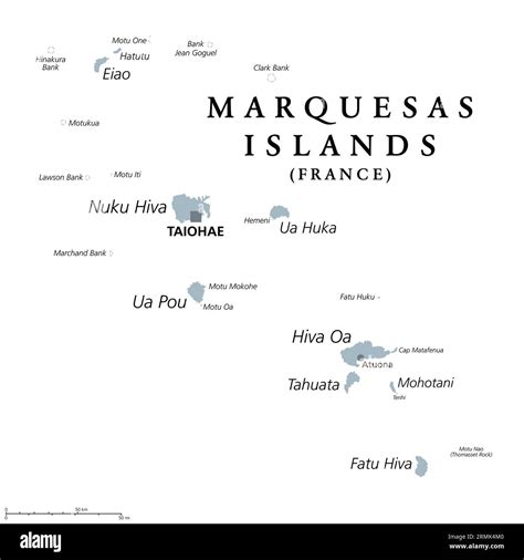 Marquesas Islands gray political map. Group of volcanic islands in ...