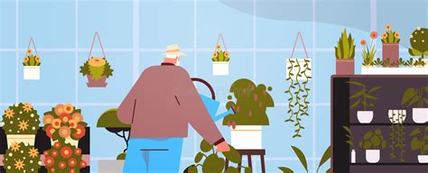 Senior Man Gardener with Watering Can Taking Care of Potted Plants at Home Garden Living Room or ...