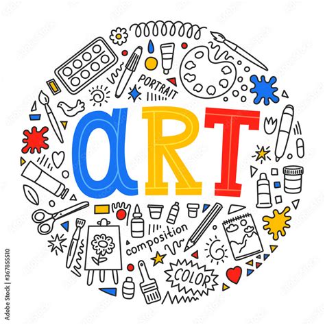 Art. School subject. Hand drawn doodles and lettering on white background. Education vector ...