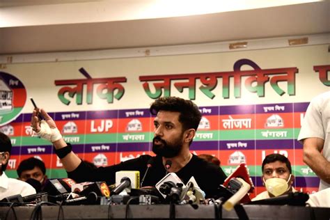 LJP leader Chirag Paswan addressing a press conference at his residence ...