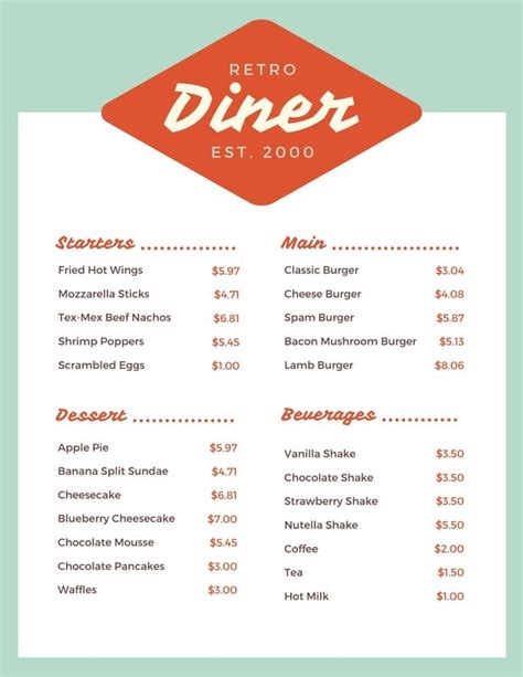 Free printable and customizable diner menu templates | Canva