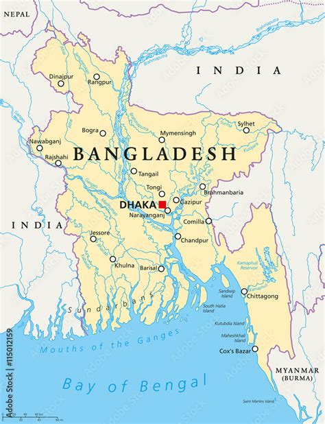 bangladesh political map with capital dhaka, national borders, important cities, rivers and ...