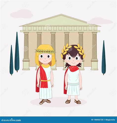 Cartoon Character Girl and Boy Wearing Ancient Costume. Ancient Rome ...