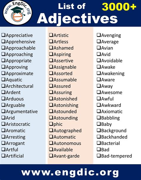 Printable List Of Adjectives