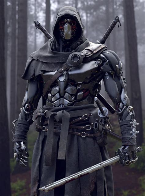 a man dressed in armor and holding two swords stands in the woods with ...