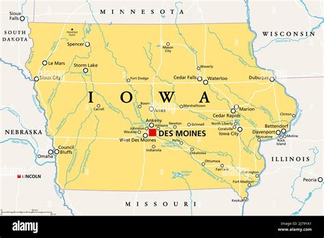 Iowa, IA, political map, with the capital Des Moines and most important cities, rivers and lakes ...