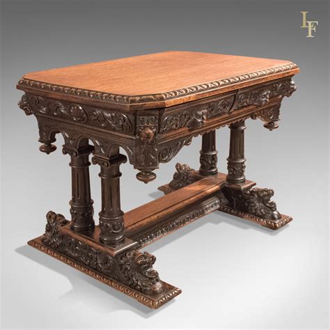 Antique Library Table, Victorian Carved Oak, Scottish c.1850 – London Fine Antiques