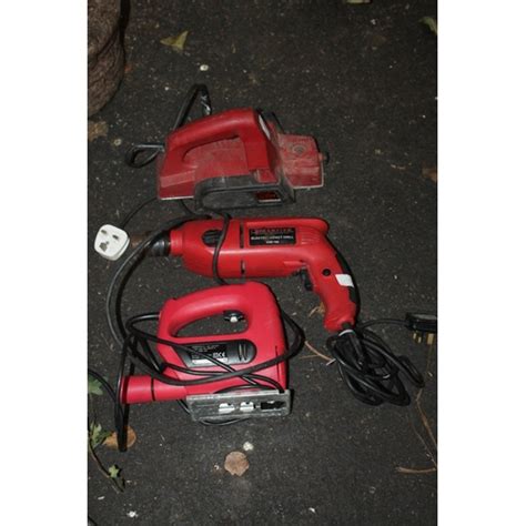 3 X RED POWER TOOLS INCLUDING A DRILL JIGSAW AND PLANER