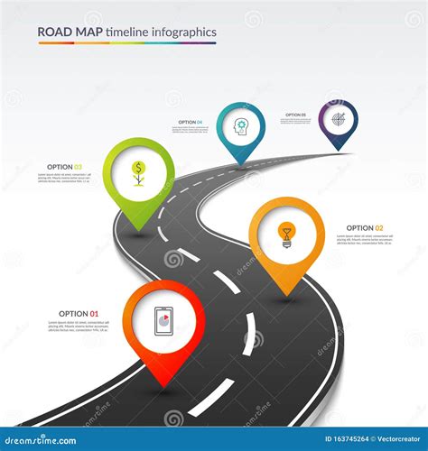 Road Map Timeline Infographic Template with 5 Colorful Pin Pointers on the Way. Vector ...