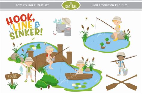 Boys Fishing Clipart Set - 45 PNG Graphics (279145) | Elements | Design ...