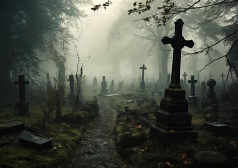 Premium AI Image | Creepy cemetery with fog rolling in