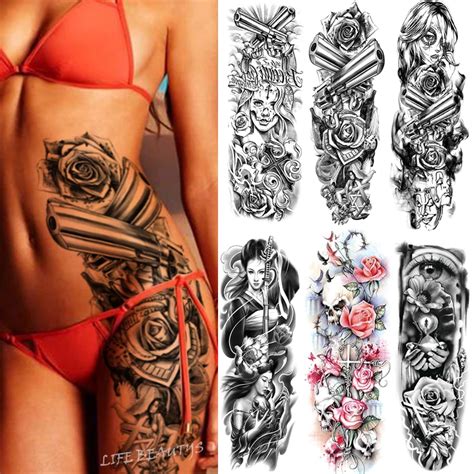 Large-Arm-Sleeve-Tattoo-Flower-Soldier-Gun-Demon-Waterproof-Temporary ...