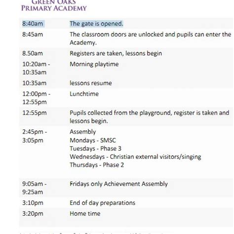 Green Oaks Primary Academy - New school day timings Sept 2022