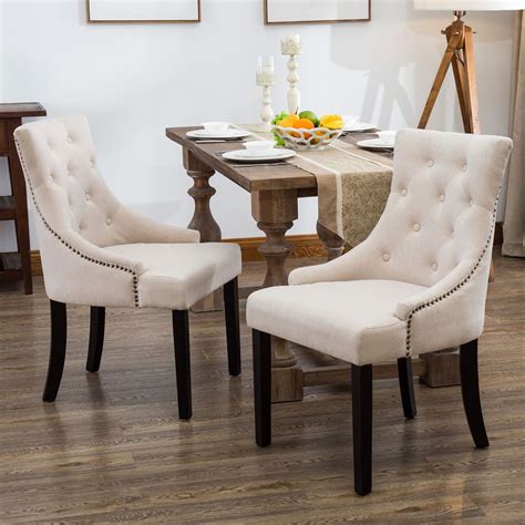 Set of 2 Dining Chairs Elegant Button Tufted Beige Pattern Fabric ...