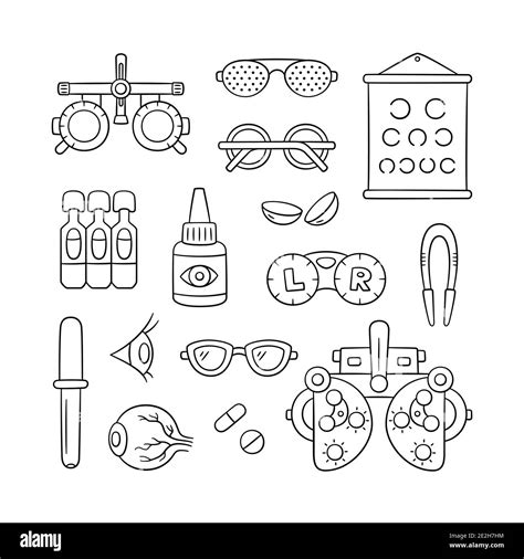 Ophthalmology hand drawn set. Contact lens, eyeball, glasses, phoropter and more. Optometry ...