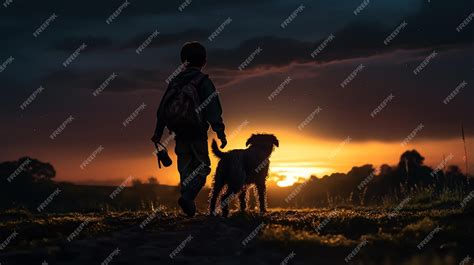 Premium AI Image | dark silhouette image of a boy walking with dog