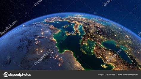 Detailed Earth at night. Africa and Europe. The waters of the Me Stock Photo by ©Antartis 280587838