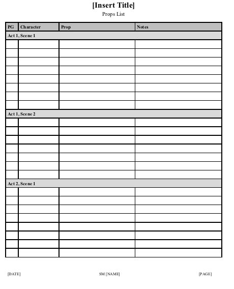 Prop List Template — Stage Management Resource