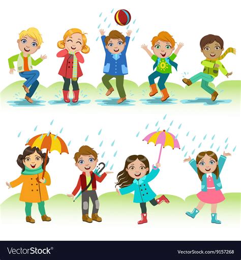 Kids playing under the rain Royalty Free Vector Image