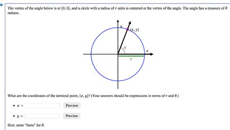 Solved The vertex of the angle below is at (0, 0), and a | Chegg.com