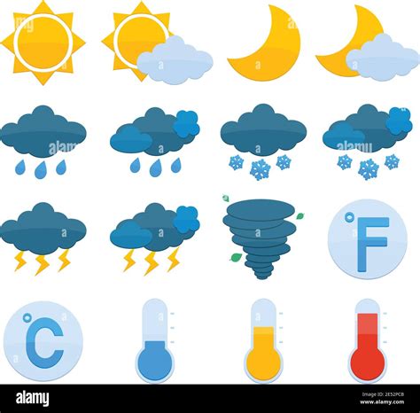 Weather forecast symbols color icons set of sun cloud rain snow isolated vector illustration ...