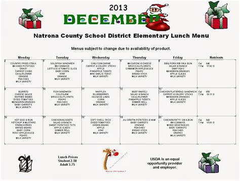 Bar Nunn Elementary School: December Lunch Menu