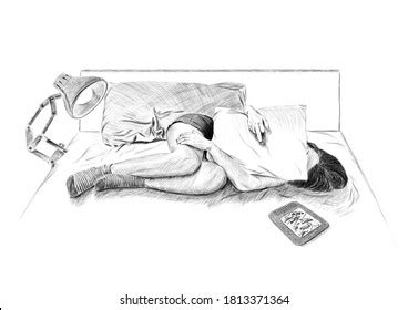 Illustration Girl Lying On Bed Hugging Stock Illustration 1813371364 | Shutterstock