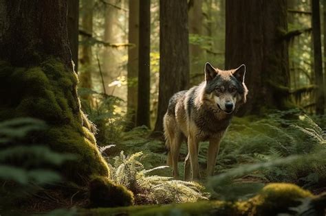 A wolf in a forest with the sun shining on the background | Premium AI-generated image