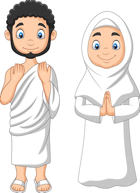 Premium Vector | Cartoon Muslim Man and Woman wearing Ihram clothing