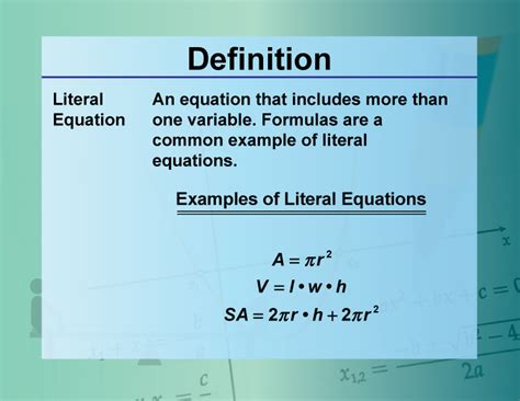 Definition--Equation Concepts--Literal Equation | Media4Math