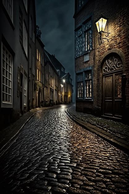 Premium Photo | Night and cobblestone street with old architecture