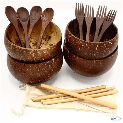 Handcrafted Natural Coconut Bowl, Gift Set of 4 Jumbo Bowls, 4 Wooden Spoons, 4 Wooden Forks ...