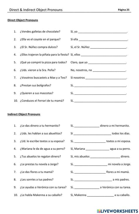 the worksheet for direct and indirect objects in spanish, which ...