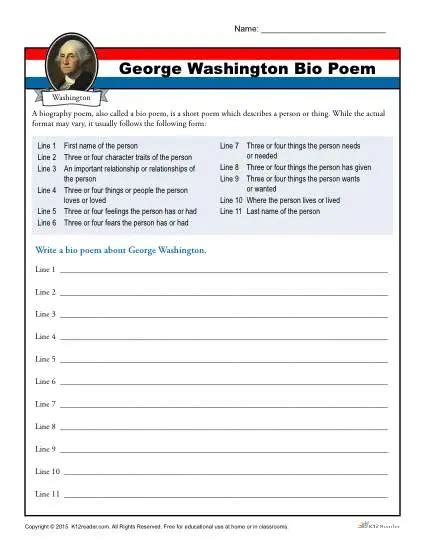 Washington's Birthday Worksheet Activity | Bio Poem