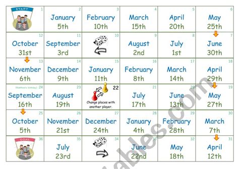 Dates board game - ESL worksheet by Matthew@ELSP