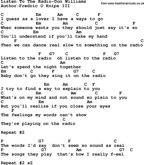 Country Music:Listen To The Radio-Don Williams Lyrics and Chords