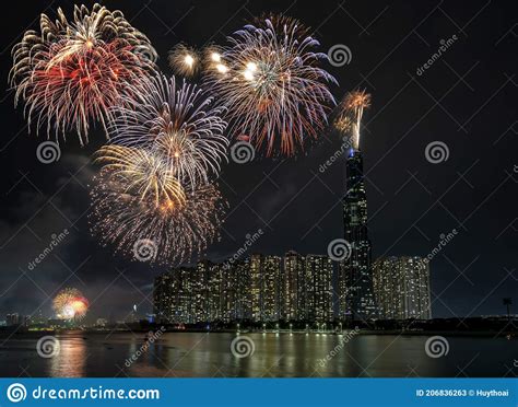 Colorful Fireworks Happy New Year 2021 Light Up Sky in Ho Chi Minh City, Vietnam Stock Image ...