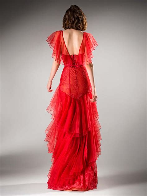 Fitted evening gown with ruffle details