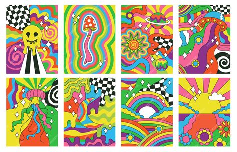 Premium Vector | Hippie style, groovy vibes retro psychedelic art posters. Abstract rainbow, sun ...