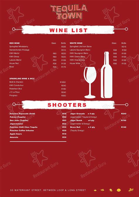 Menu at TEQUILA TOWN pub & bar, Cape Town, 33 Waterkant St