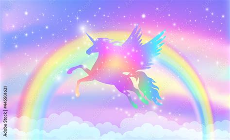 Rainbow background with winged unicorn silhouette with stars. Stock ...