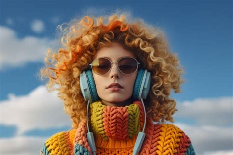 Premium AI Image | Young lofi woman wearing headphones and colorful winter clothes with a sky ...