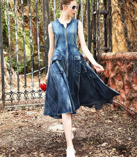 Women long denim dress sale 2017 High quality flare blue jeans dress vintage sleeveless front ...