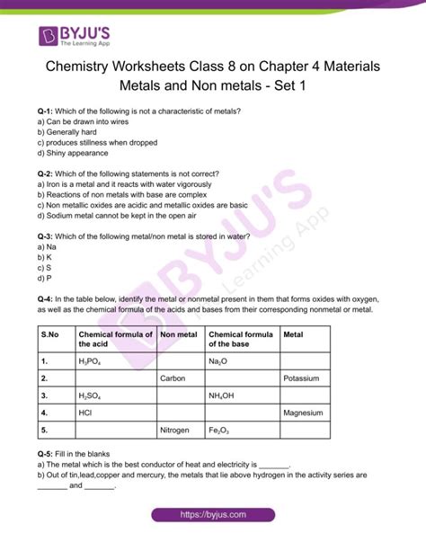 Class 8 Chemistry Worksheet on Chapter 4 Materials: Metals and Non ...