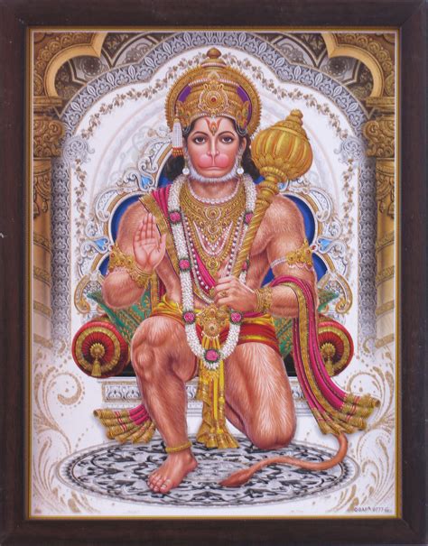 Lord Hanuman with five faces and ten hands holding weapons and giving blessings, A Holy Hindu ...