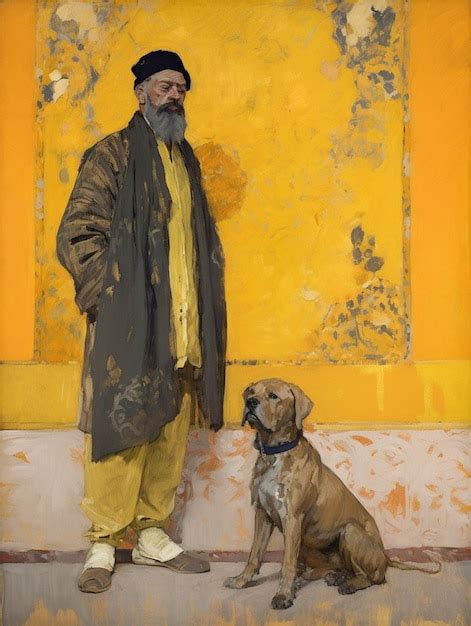 Premium AI Image | A painting of a man and a dog standing in front of a ...