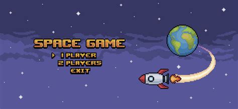 Pixel art space game home screen, game menu with rocket flying over earth 8 bit game background ...