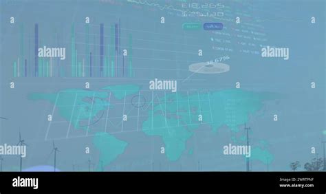 Image of graphs, charts with world map against wind turbines on field ...